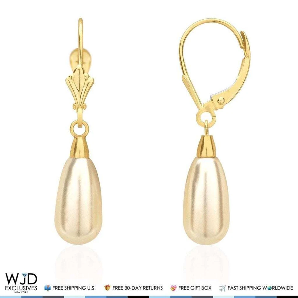 14K Yellow Gold Teardrop Pearl Leverback Drop Earrings - Image 4 of 4