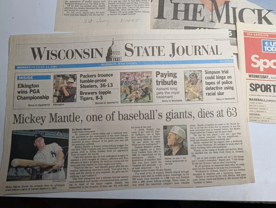 1995 Mickey Mantle Baseball Legend Newspaper Clippings Memorabilia NY Yankees 2F - Image 2 of 4