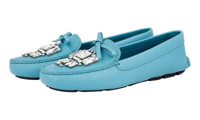 PRADA Saffiano Kristall Driving Loafer Schuhe 1DD043 TÃ¼rkis NEU -  40,5 UK 7.5