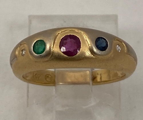 14k Yellow and White Gold ~ Round Ruby Emerald Sapphire Diamond Band Ring Size 6