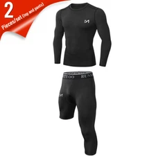 Mens Long Sleeve Compression Shirts Base Layer Workout +3/4 One leg Leggings Set