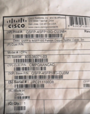 Cisco QSFP-4SFP10G-CU3M QSFP to 4xSFP10G Passive Copper Splitter Cable 3-Meter