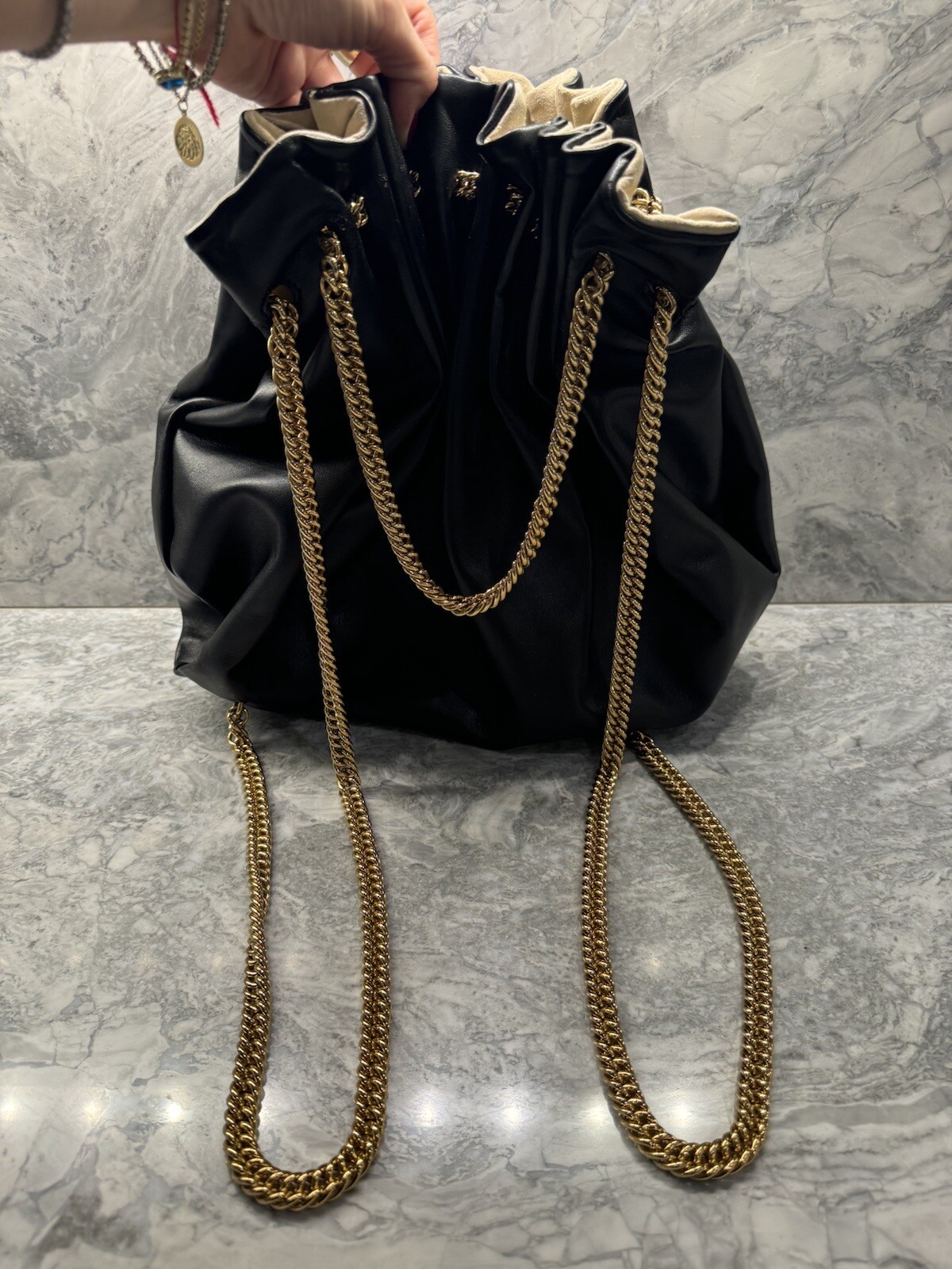 New 2 Way Stella Mccartney Black Leather Handbag Backpack Gold Hardware Keychain image 7