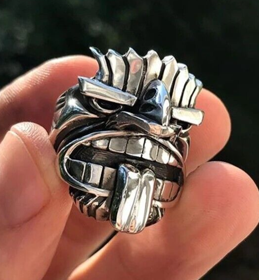 Maori Tiki Mask Stainless Steel Polynesian Tribal Tounge Deity Ring Jewelry