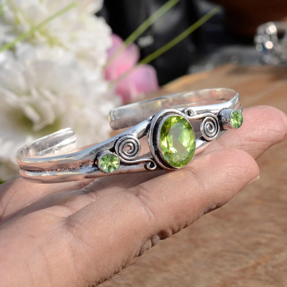 Faceted Peridot Gemstone 925 Sterling Silver Cuff Bracelet Gift For Life Line - Image 4 of 4