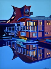 Alex Nizovsky – Sausalito Owl Houseboat - Modern Landscape Painting 30"x40"