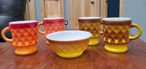 Anchor Hocking Kimberly Diamond Pattern Texture Mugs and Bowl