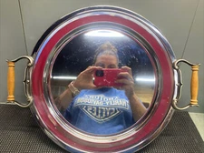 Vtg ATAPCO Rare Round Silver Serving Platter Tray w/ Wood Handles Made In USA