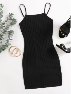 Black Ribbed Cami Bodycon Mini Dress Sz 