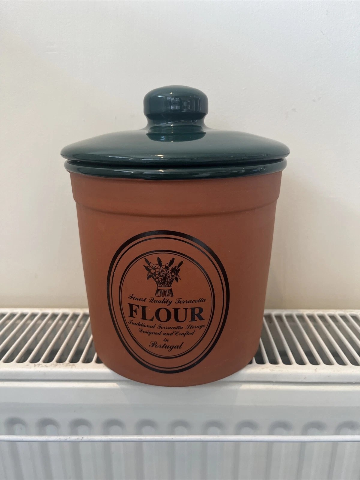 Terracotta Flour Pot Green Lid And Inside Portugal Shallow Scratches On Lid