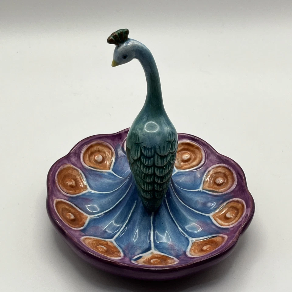 Soporte de anillo de pavo real plato de baratija cerámica turquesa y púrpura Foto 3 de 4