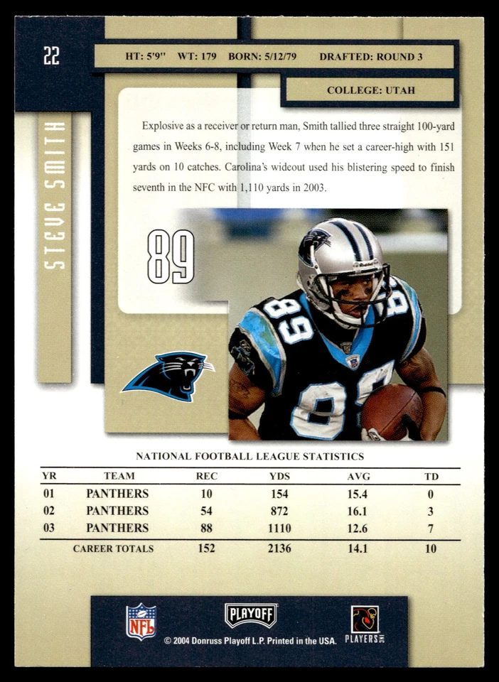 2004 Playoff Prestige Steve Smith #22 Carolina Panthers - Image 2 of 2