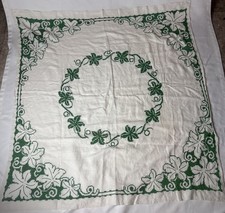 Vintage Linen Hand Embroidered Table Cloth 45 x49 White Green Floral
