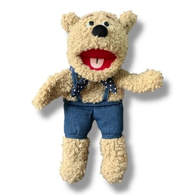 Silly Puppets Teddy Bear Puppet With Denim Overalls & Polka Dot Bow Tie