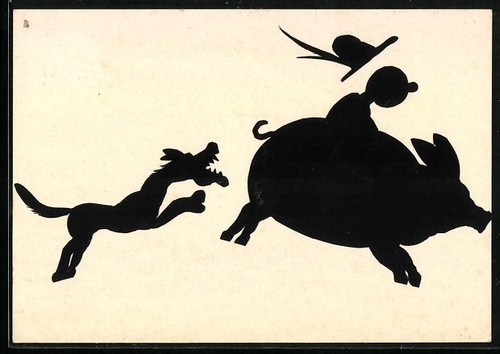 Widokówka Cięcie nożycowe, Wilk polowanie na świnię Jazda myśliwy 1937  - Zdjęcie 1 z 2