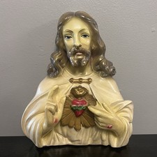 VTG Sacred Heart Jesus Chalkware Wall Art Hanging Plaque Christianity 8x8.5  