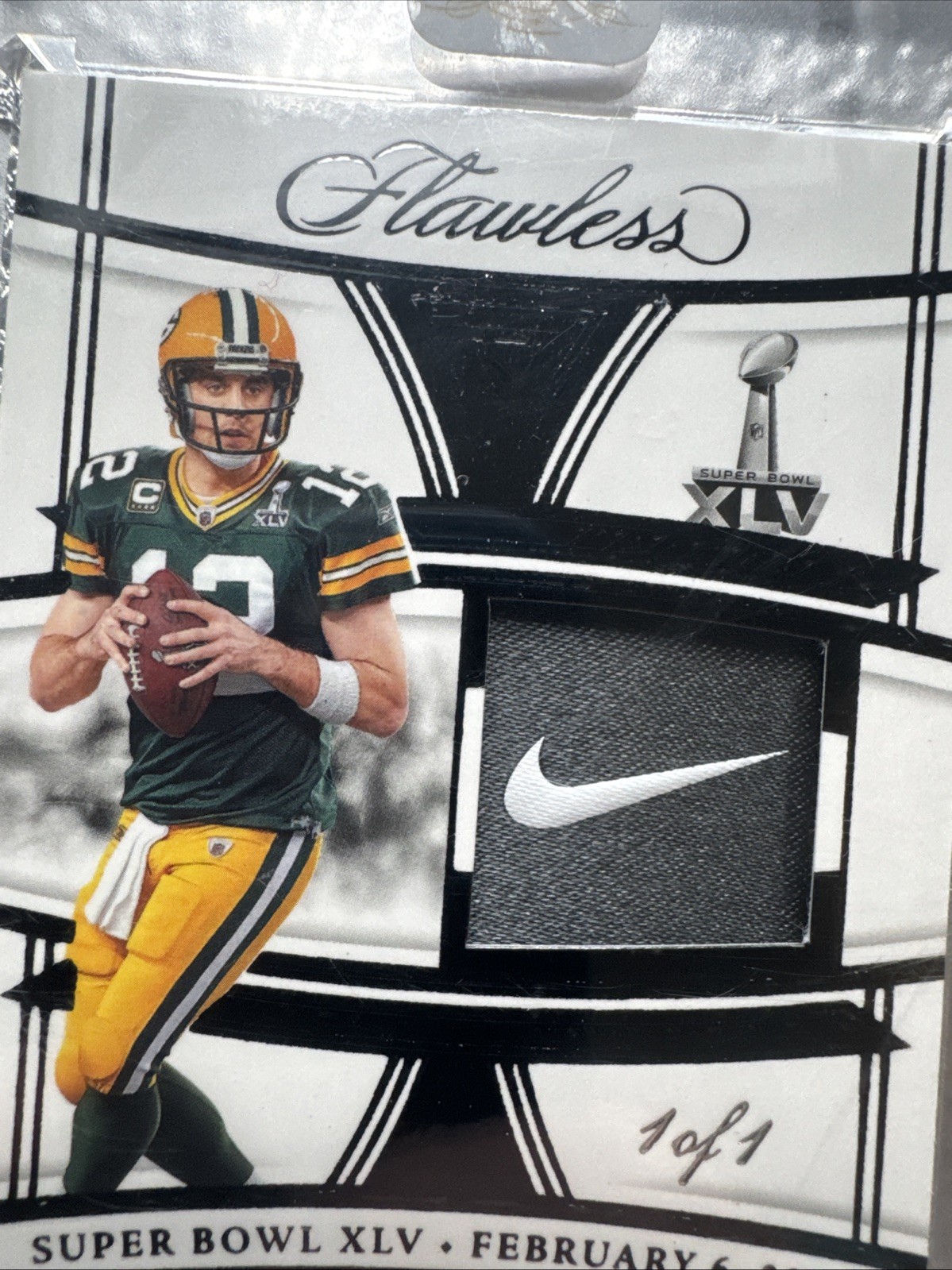 Aaron Rodgers 2023 Flawless Patch 1/1 Nike Swoosh Super Bowl Swatches Game Worn  view 4