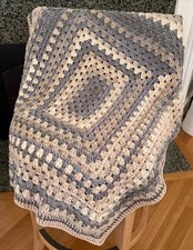 Crochet Granny Rectangle Blanket Afghan Wrap Baby Worsted Gray Beige 32" x 36"