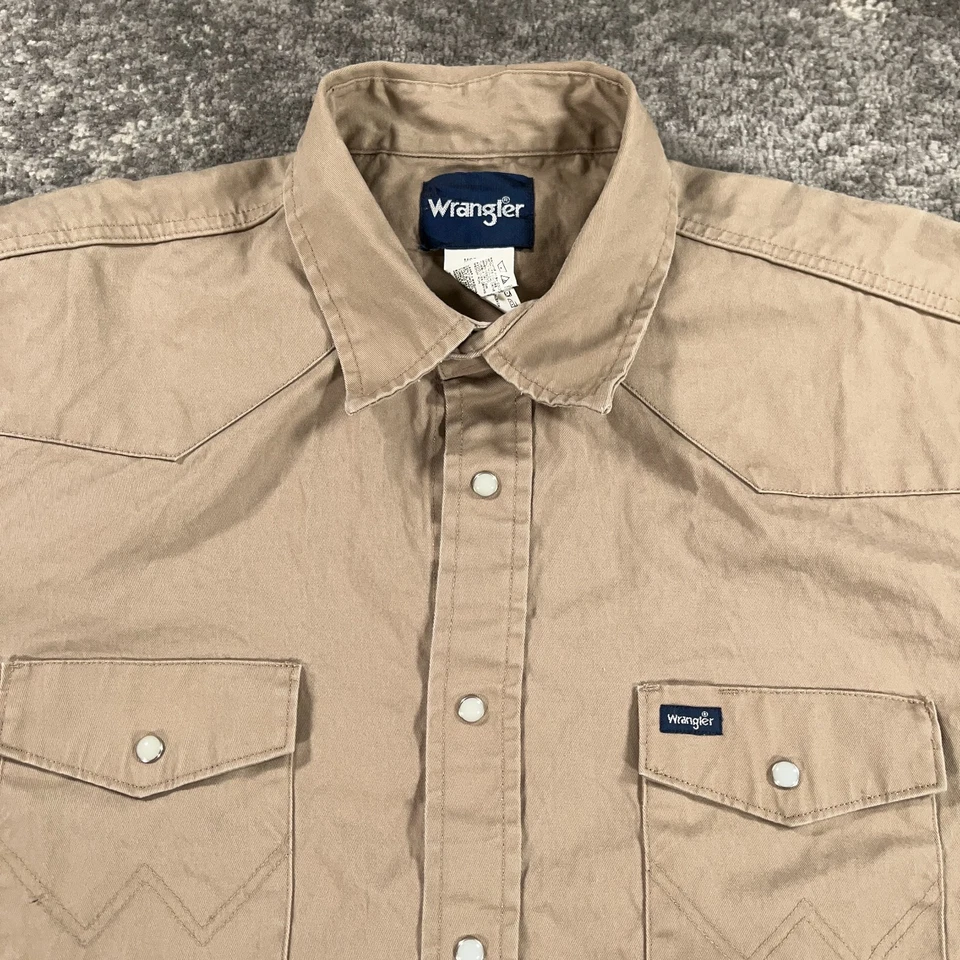 Wrangler Shirt Mens 2XL XXL Beige Twill Western Pearl Snap Long Sleeve Workwear - Image 2 of 4