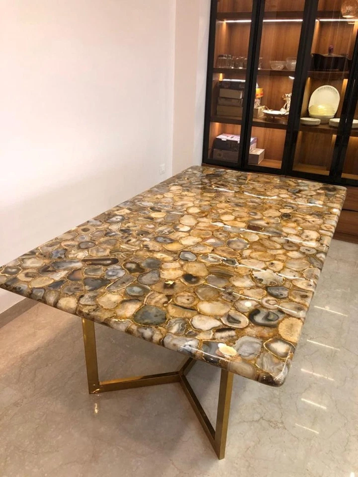Yellow Agate Side Table Top | Epoxy Agate Coffee Table | Custom Stone Backsplash - Image 2 of 4