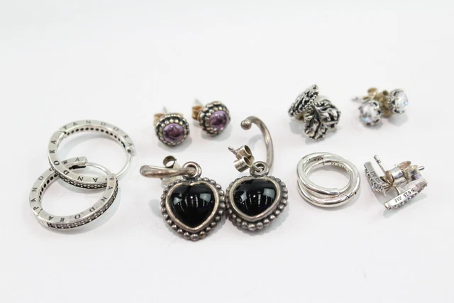 09 Pandora Sterling Silver Earrings Stone Set Birthstone Hoops x 7 (12g)