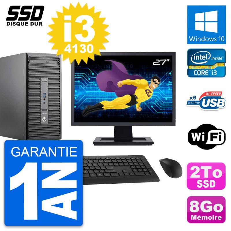 PC Tour HP 400 G2 MT Ecran 27" Core i3-4130 RAM 8Go SSD 2To Windows 10 Wifi