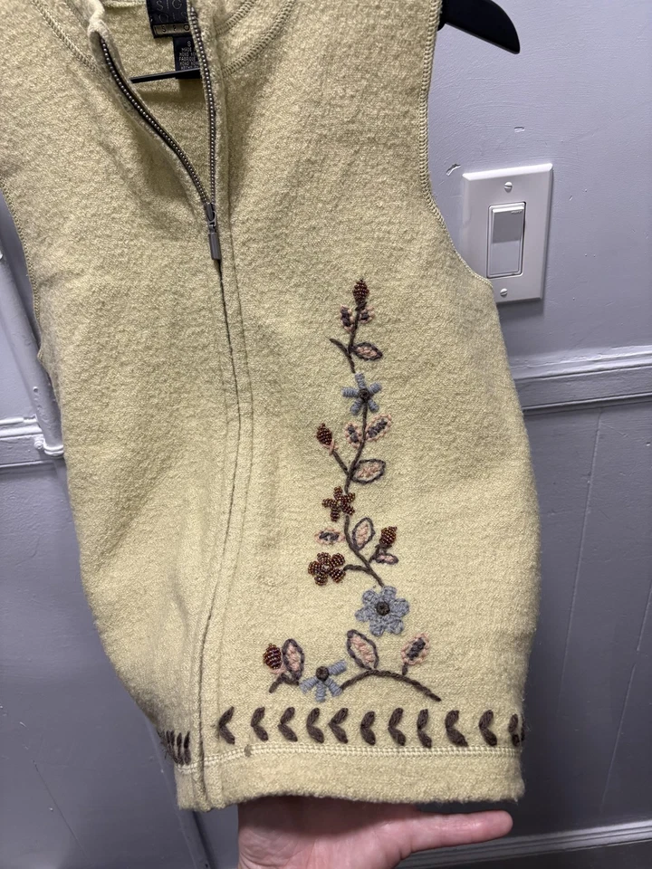 Женский спортивный жилет Sigrid Olsen маленький зеленый шерстяной на молнии с вышивкой бисером цветочный узор - Изображение 2 из 4