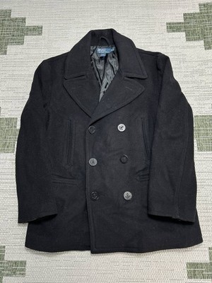 Polo Ralph Lauren Melton Peacoat Mens XL Black Wool Blend Double Breasted Lined