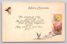 Vintage Happy Birthday Postcard Bluebirds & Blossoms Poem Made in USA Unposted