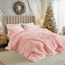 Cuddly Ribbed Fluffy Comforter Set, Super-Soft Pink Plush King Blush Pink