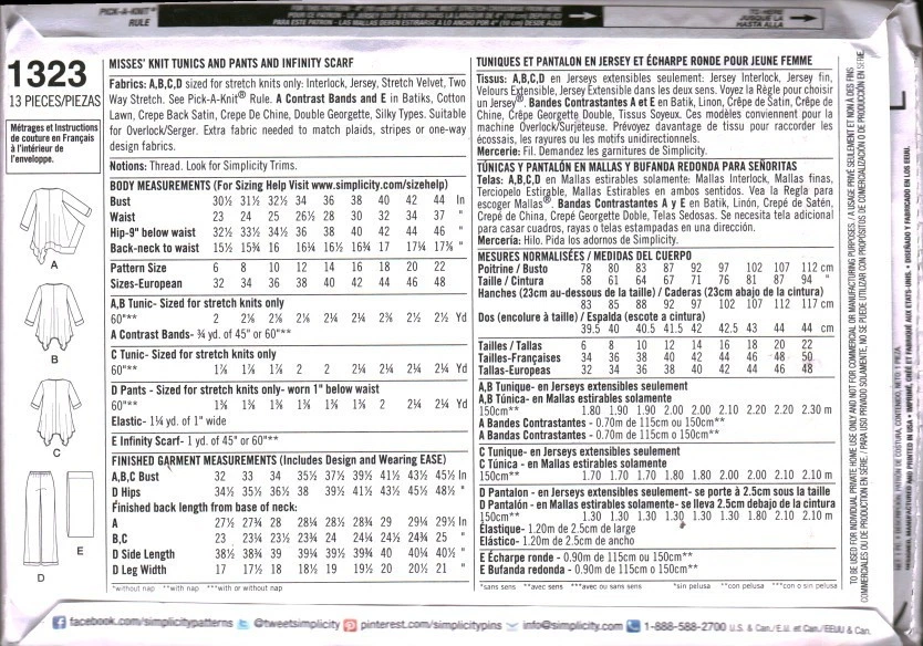 1323 UNCUT Simplicity Sewing Pattern Misses Knit Tunics Pants Infinty Scarf OOP - Image 2 of 2