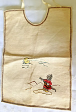 Vintage Baby Bib Linen Hand Embroidered Cat and The Fiddle Silk Ties Stained