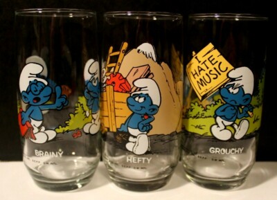 Lot of 3 Vintage SMURFS 1982 Drinking Glasses Brainy, Hefty And Grouchy