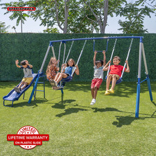 Kids Metal Swing Set with Trapeze 2 Person Glider Swing Slide Outdoor Playset