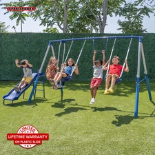 Kids Metal Swing Set with Trapeze 2 Person Glider Swing Slide Outdoor Playset