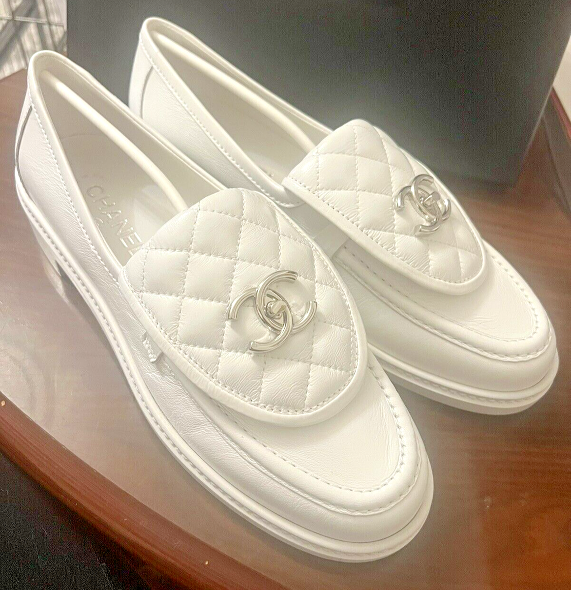 Chanel White Quilted Flap Turnlock CC Logo Mule Loafer, SZ Chanel White Quilted Flap Turnlock CC Logo Mule Loafer, SZ