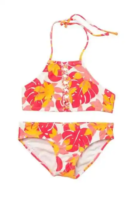 Raisins Girl&#039;s 2 Pc Santana Orange Red White Halter Bikini Swimsuit |