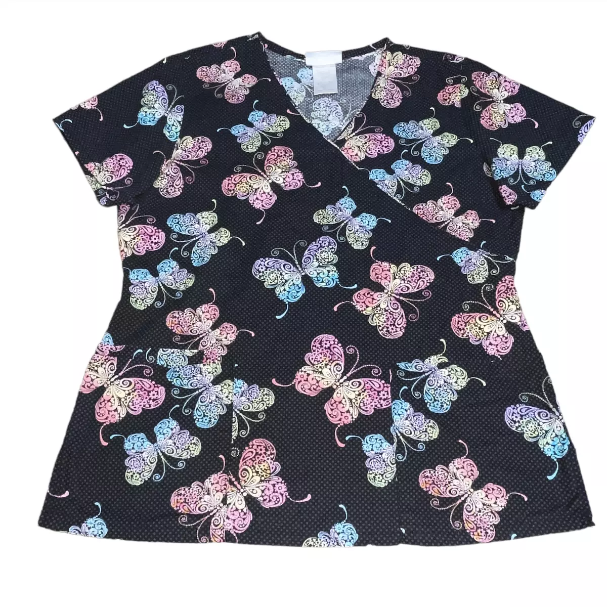 SB Scrubs Black Rainbow Butterfly Scrub Top Shirt Size S Small Nurse Vet Xray