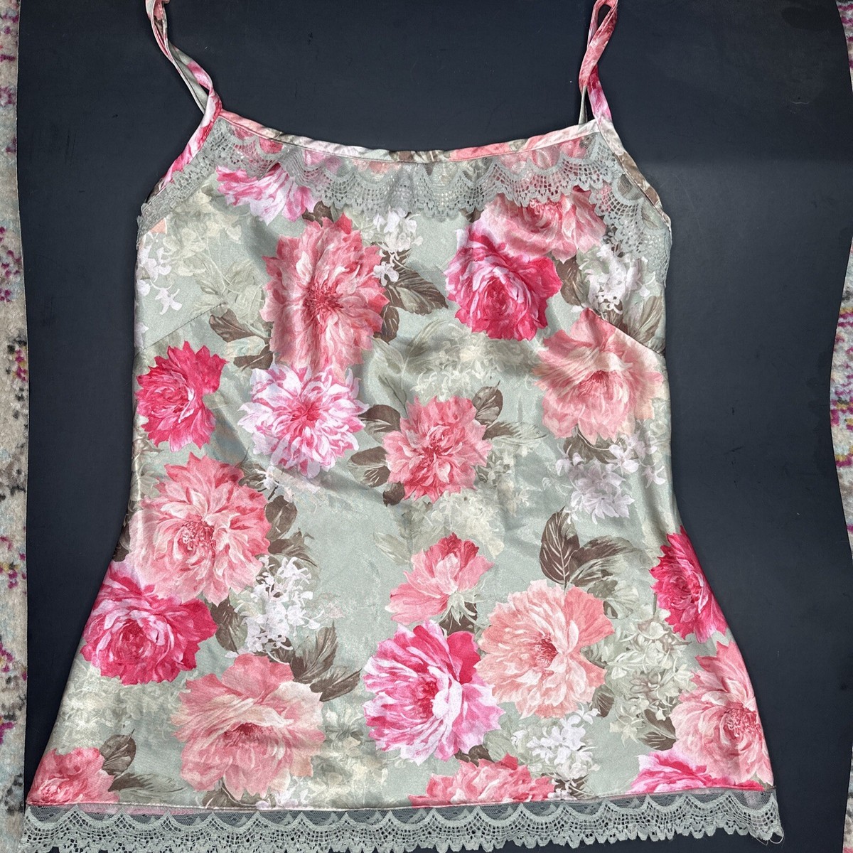 Vtg Wrapper Floral Camisole Poly Satiny Medium USA Pink Roses