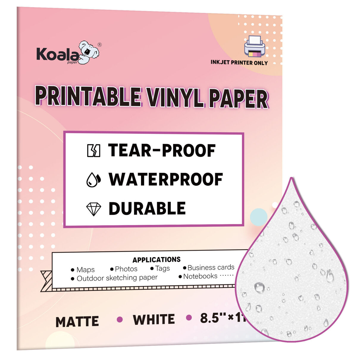 Koala Printable Waterproof Paper for Inkjet Printer, 8.5x11 in 30 Sheets Matte White Vinyl Printer Paper, Synthetic Paper Non-Tearable, Durable, Quick