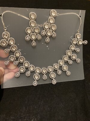 Braut Hochzeit Verlobung Party CZ AD Stein Halskette Ohrringe Set Silber