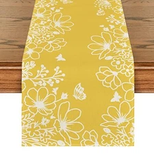  Bloom Flowers Butterfly Spring Table Runner, 13" x 108", Table Runner Yellow