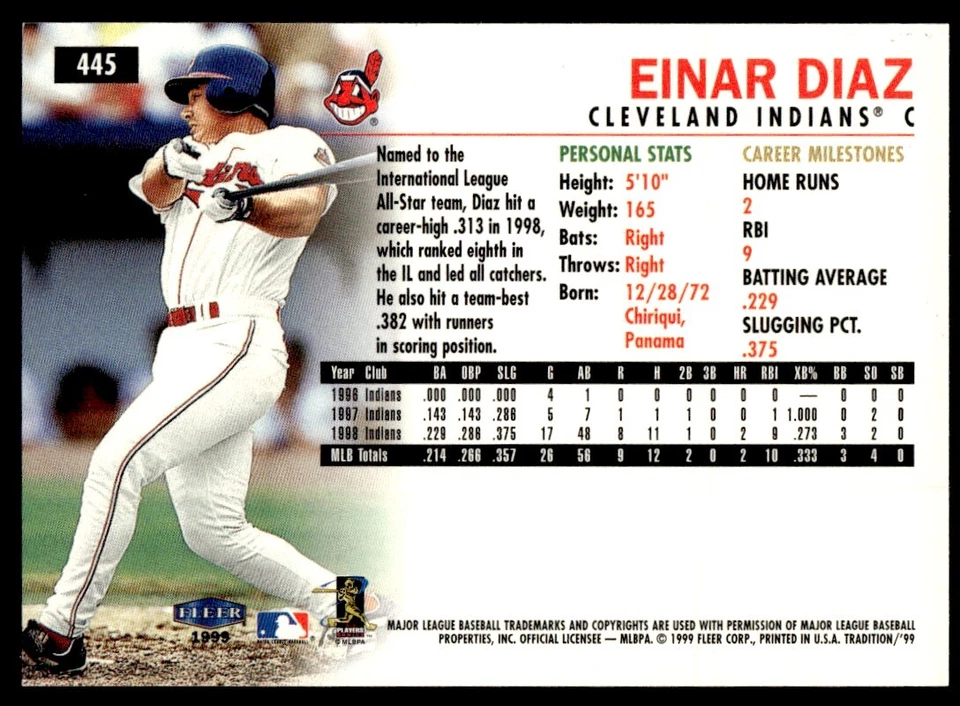 1999 Fleer Tradition Einar Diaz Cleveland Indians #445 - Image 2 of 2
