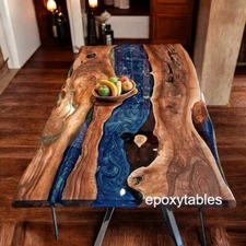 Blue Epoxy Resin Dining Table Top Handmade Wooden Live Edge Furniture Hallway De