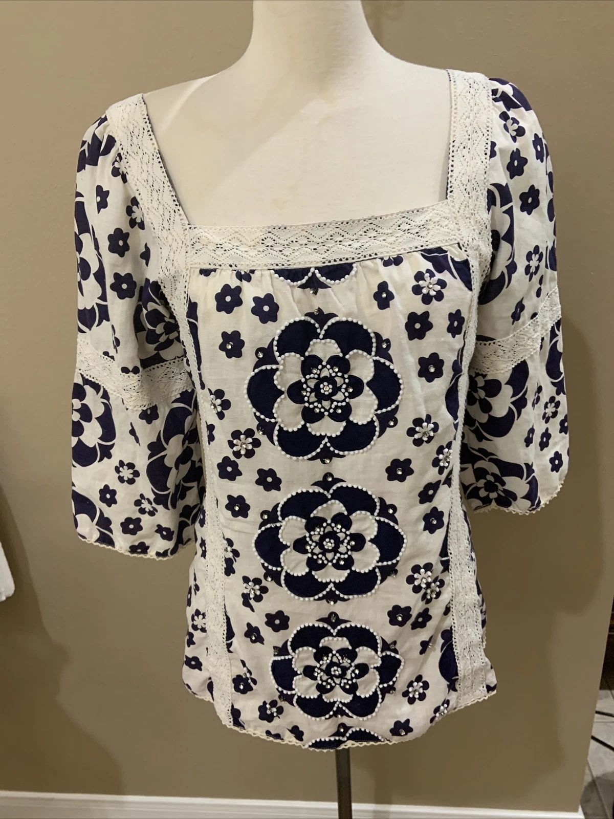 Tory Burch tunica di lino beige navy con perline taglia 10