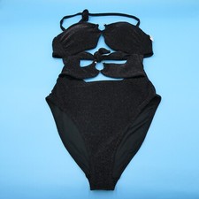 Victorias Secret Medium Black Shimmer Cutout Halter Padded One Piece Swimsuit VS