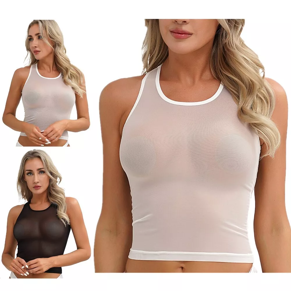Womens Sheer Mesh Sleeveless T shirt Solid Color Crop Tank Top Vest Undershirts