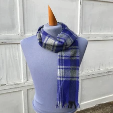 Vintage Blue & Grey Plaid Woven Acrylic Scarf 10.5x52" Made in France