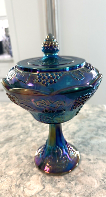 Vintage Blue Carnival Glass Candy Dish With Lid Harvest Grape
