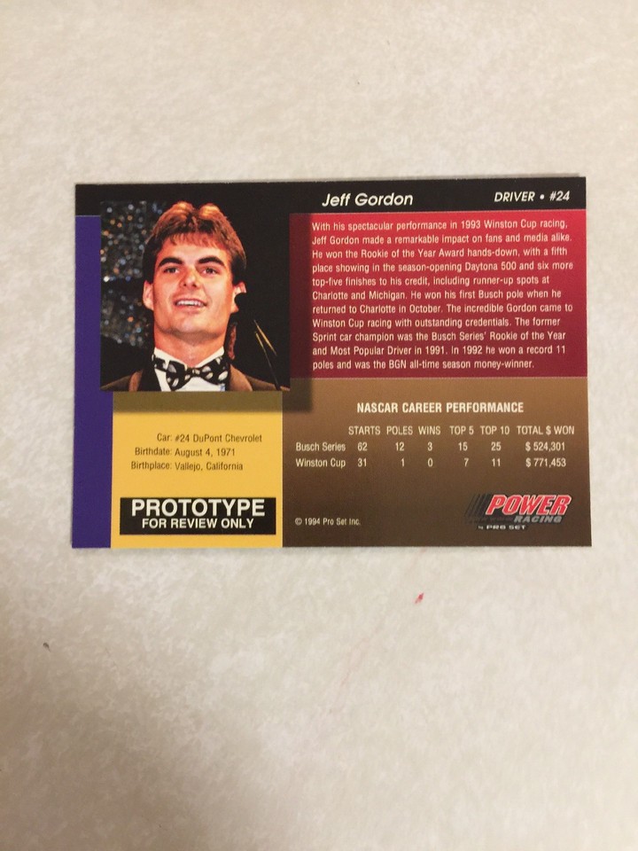 Jeff Gordon Rookie 1994 Pro Set Power Racing JEFF GORDON Rookie Of The Year PROTOTYPE SP ...